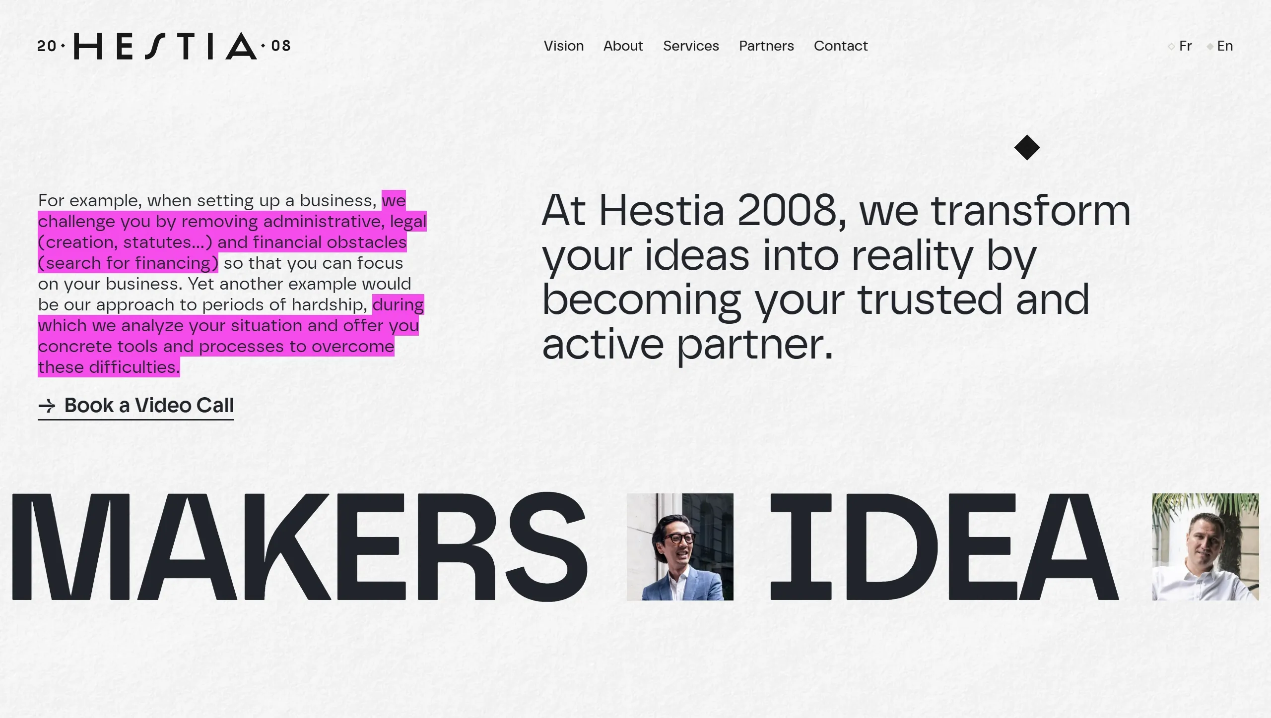Hestia 2008 Секция «Первый экран» с сайта https://www.hestia-2008.com/en#apropos, тематика — Бизнес и профессиональные услуги, цвета — Белый, Серый, стиль — Минимализм, типографика — Без засечек
