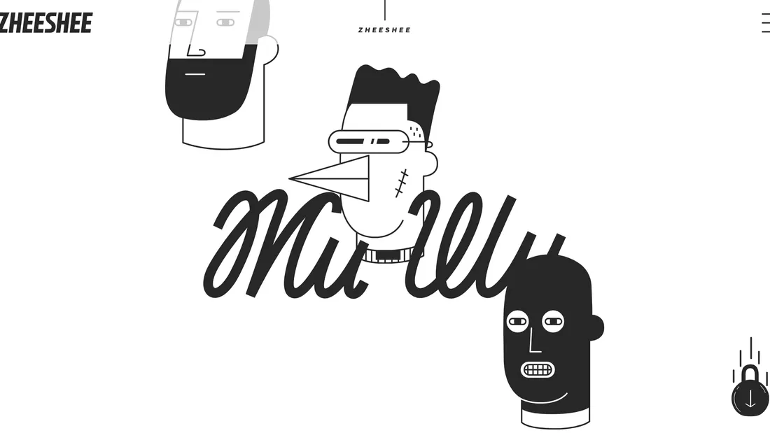 Секция «Первый экран» с сайта https://zheeshee.com/, тематика — Дизайн, цвета — Белый, стиль — Рисованный, Минимализм, типографика — Без засечек, Рукописные