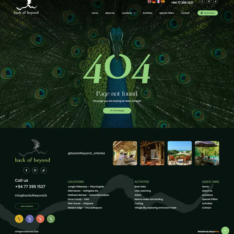 404-страница Back of Beyond, тематика — Путешествия и туризм, цвета — Черный, стиль — Корпоративный, типографика — Без засечек