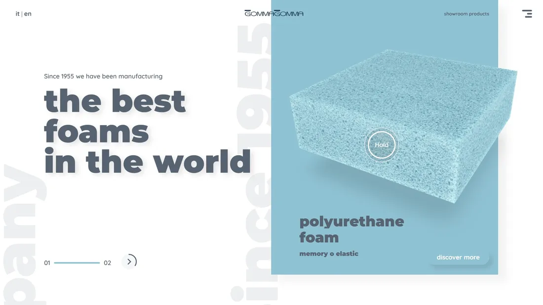 Секция «Первый экран» с сайта https://www.gommagomma.com/en/, тематика — Производство, цвета — Белый, Серый, стиль — Корпоративный, Минимализм, типографика — Без засечек