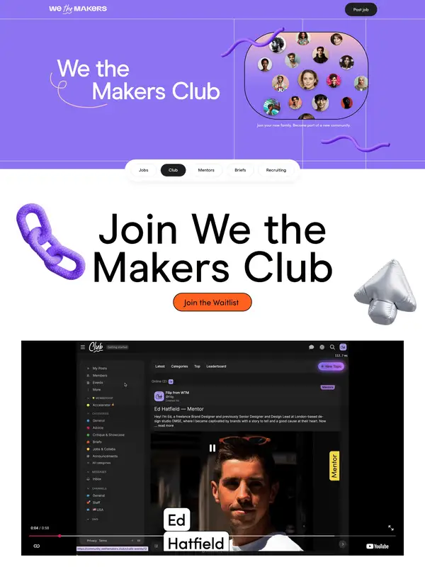 Лендинг We the Makers, тематика — Комьюнити, цвета — Белый, Черный, Фиолетовый, стиль — Минимализм, типографика — Без засечек, Декоративные