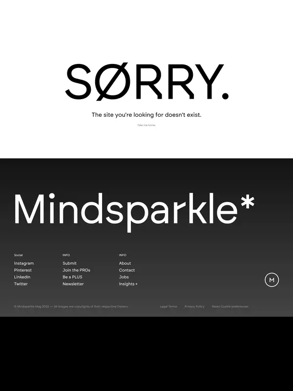 404-страница Mindsparkle Mag, тематика — Дизайн, цвета — Черный, Серый, стиль — Корпоративный, Минимализм, типографика — Без засечек