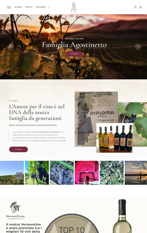 Главная Agostinetto Wine, тематика — Еда и напитки, цвета — Белый, Черный, Серый, стиль — Корпоративный, типографика — Без засечек