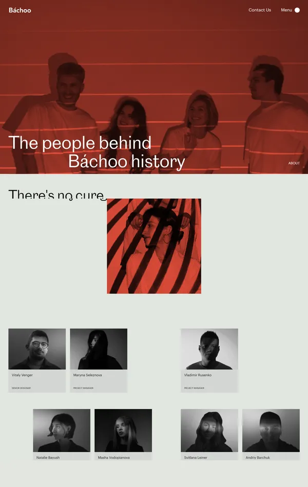 Страница о компании BACHOO, тематика — Дизайн, цвета — Белый, Черный, Серый, Коричневый, стиль — Минимализм, типографика — Без засечек