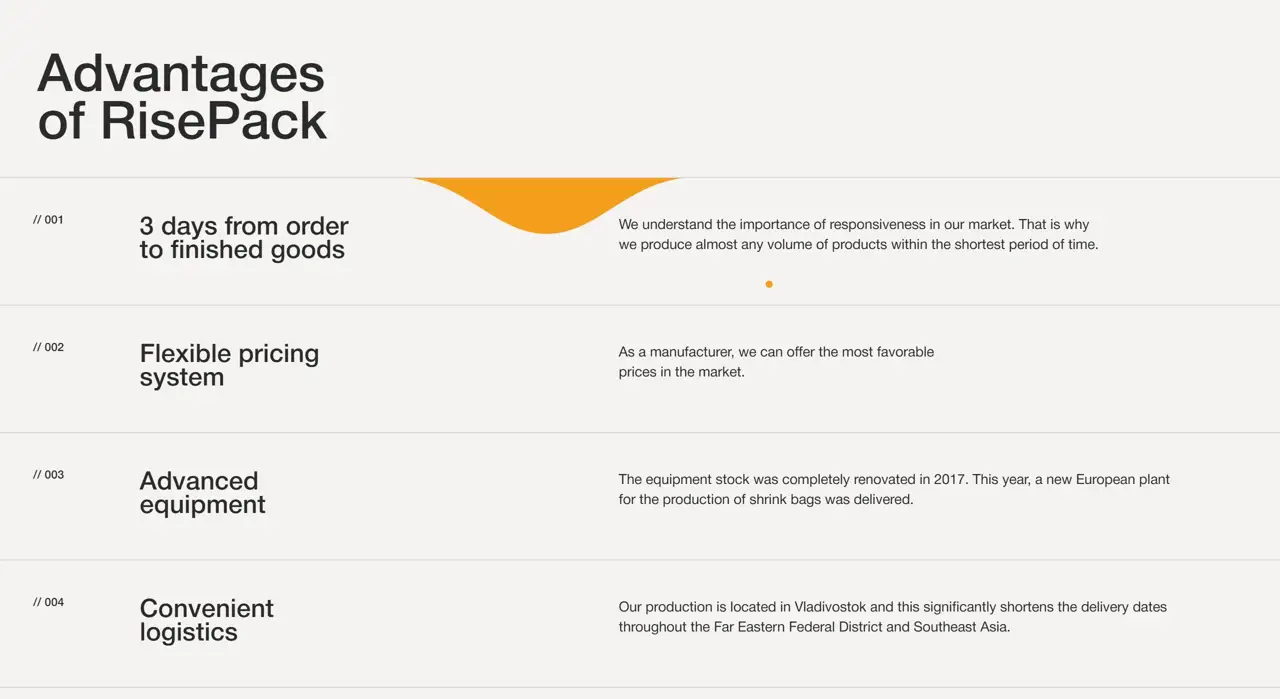 Секция «Преимущества» с сайта https://www.risepack.ru/, тематика — Производство, цвета — Белый, стиль — Корпоративный, Минимализм, типографика — Без засечек