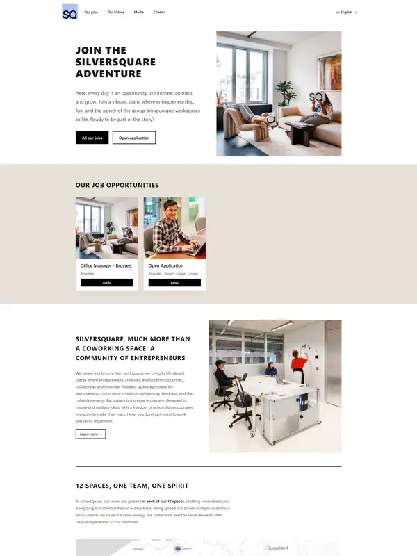 Страница карьеры Silversquare, тематика — Комьюнити, цвета — Белый, Серый, стиль — Корпоративный, Минимализм, типографика — Без засечек