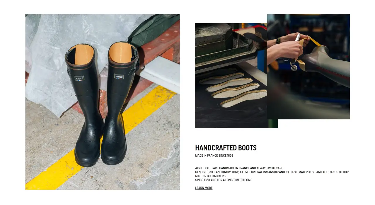 Секция «О продукте» с сайта https://www.aigle.com/uk/en, тематика — Одежда, цвета — Белый, Черный, Серый, стиль — Корпоративный, Минимализм, типографика — Без засечек