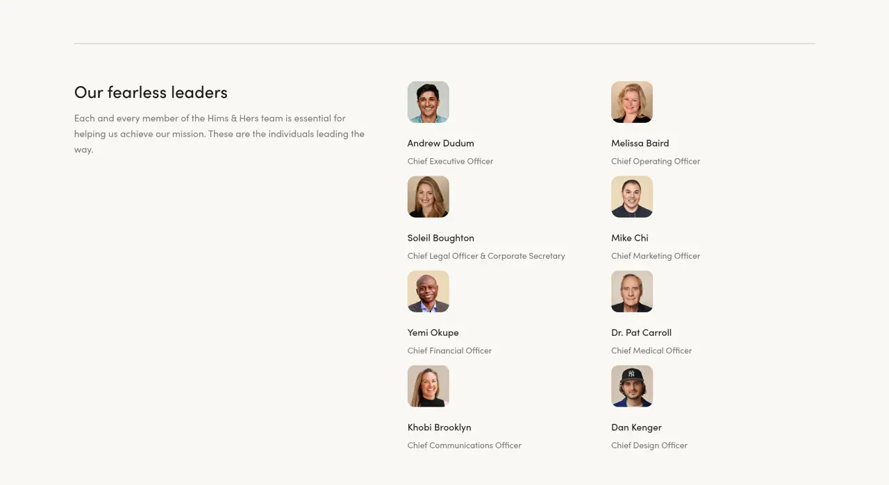 Секция «Команда» с сайта https://www.hims.com/, тематика — Здоровье и фитнес, цвета — Белый, стиль — Корпоративный, Минимализм, типографика — Без засечек