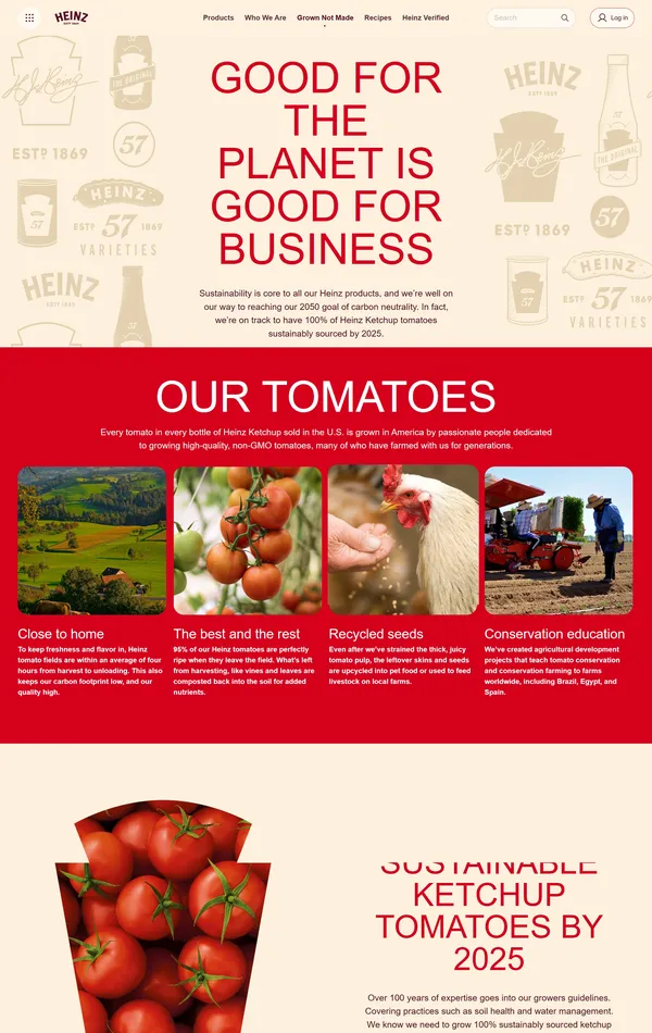 Страница о компании Heinz, тематика — Еда и напитки, цвета — Белый, Красный, стиль — Корпоративный, типографика — Без засечек