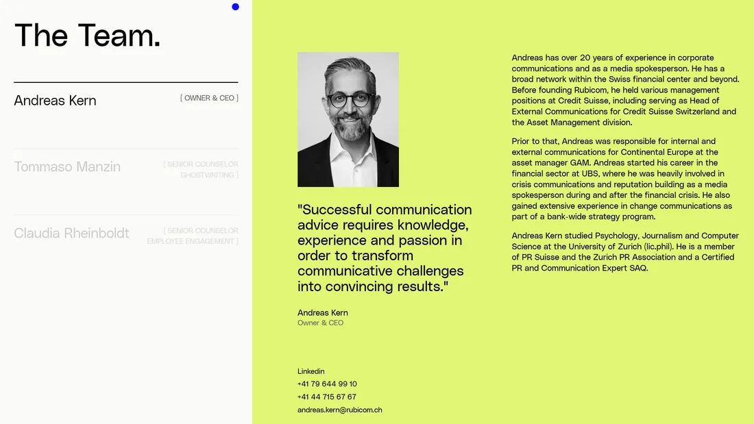 Секция «Команда» с сайта https://rubicom.ch/en/, тематика — Бизнес и профессиональные услуги, цвета — Белый, Желтый, стиль — Корпоративный, Минимализм, типографика — Без засечек