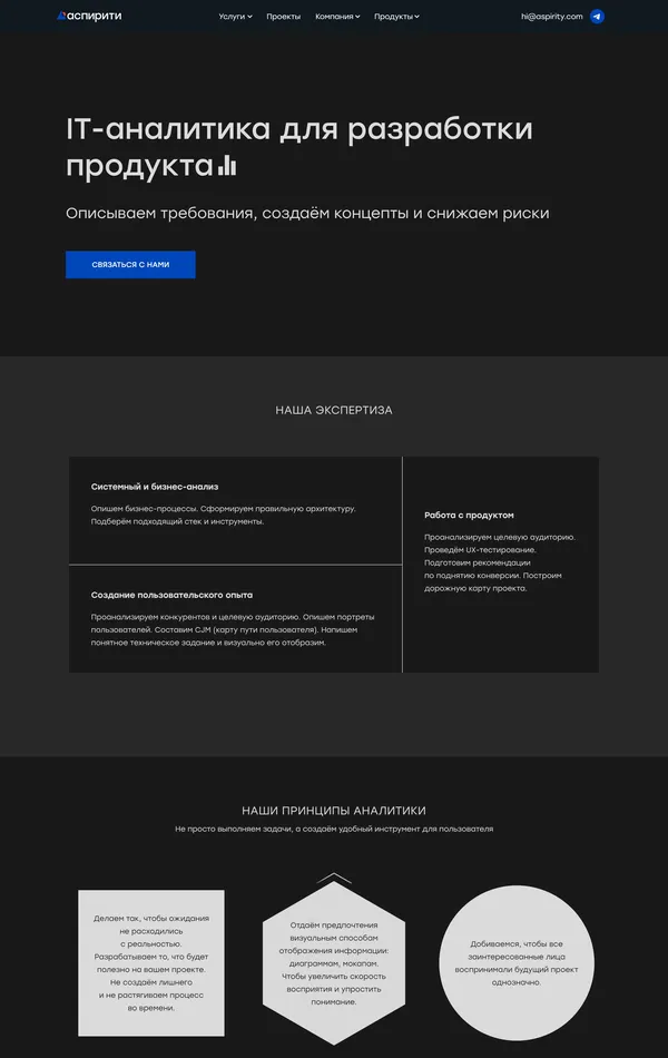 Услуги Аспирити, тематика — IT и программное обеспечение, цвета — Черный, стиль — Корпоративный, Минимализм, типографика — Без засечек