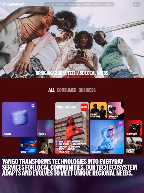 Лендинг Yango Group, тематика — Другое, цвета — Белый, Черный, Серый, стиль — Корпоративный, Карточный, типографика — Без засечек, Декоративные