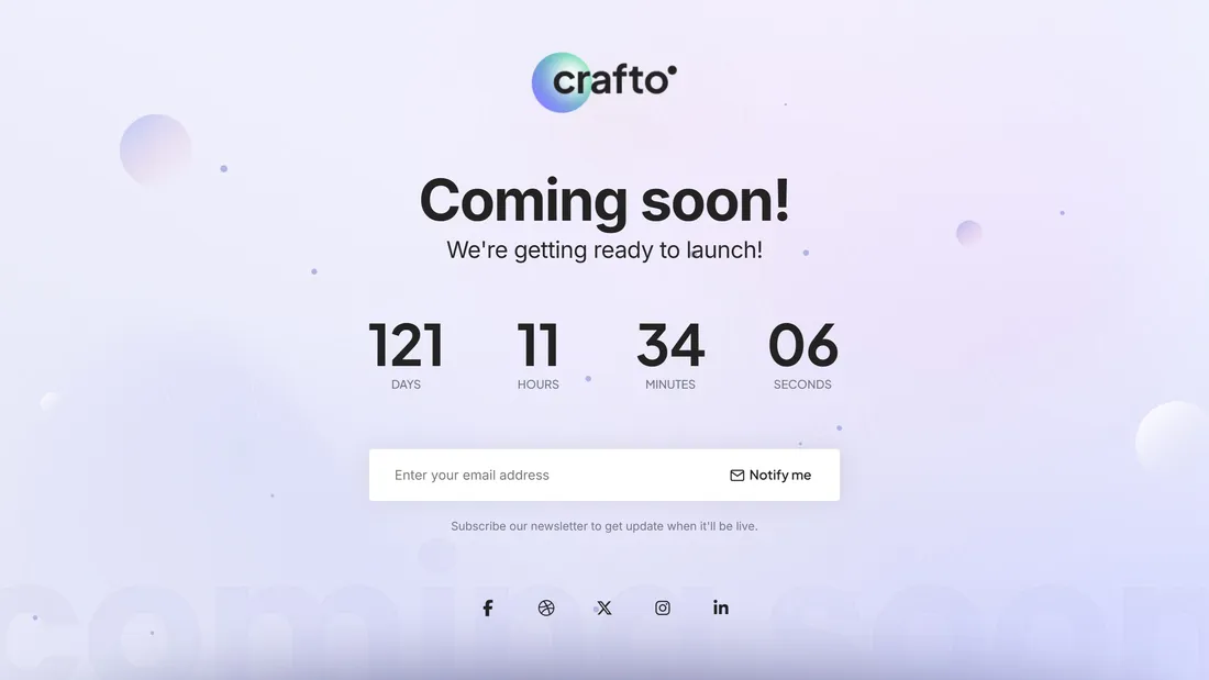 Coming Soon Crafto, тематика — IT и программное обеспечение, Другое, цвета — Белый, стиль — Корпоративный, Минимализм, типографика — Без засечек