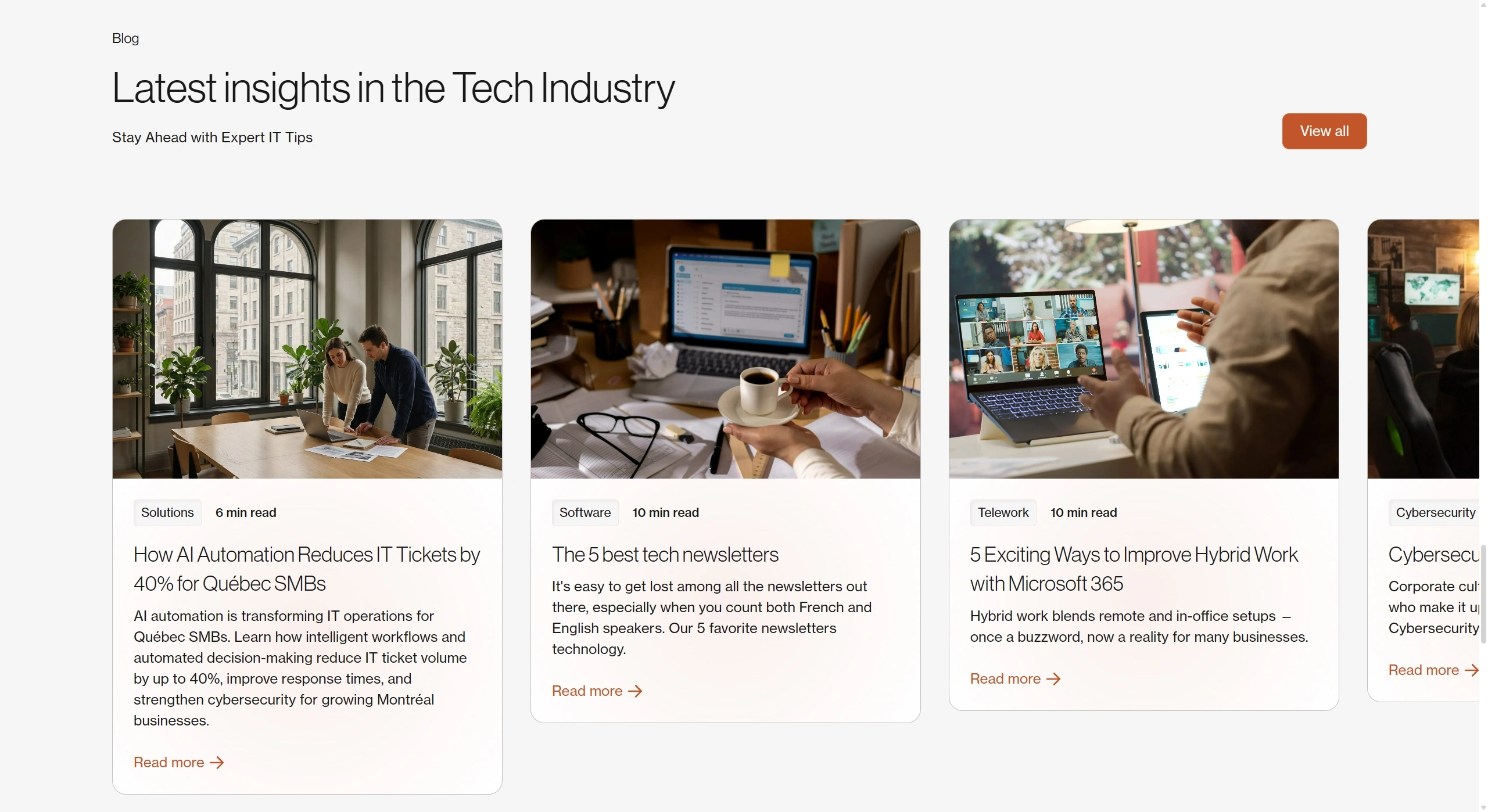 Nexxo Technologies Секция «Блог» с сайта https://nexxo.tech/en/, тематика — IT и программное обеспечение, цвета — Белый, Черный, Серый, стиль — Корпоративный, Карточный, типографика — Без засечек