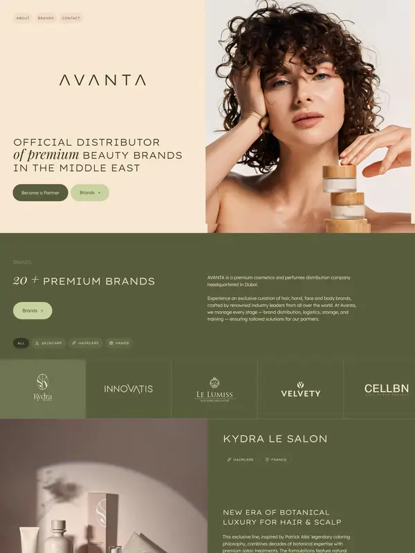 Лендинг Avanta, тематика — Красота, цвета — Белый, Серый, Коричневый, стиль — Минимализм, Органический и природный, типографика — Без засечек