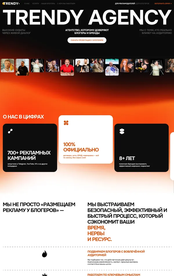 Лендинг Trendy Agency, тематика — Маркетинг, Агентство , цвета — Белый, Черный, стиль — Корпоративный, Карточный, типографика — Без засечек