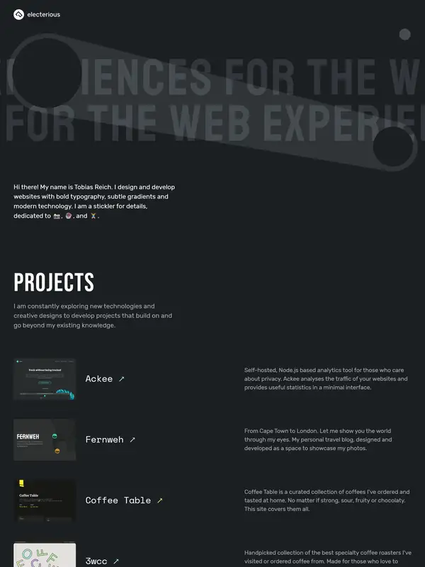 Портфолио Electerious, тематика — IT и программное обеспечение, цвета — Черный, стиль — Минимализм, Типографика, типографика — Без засечек