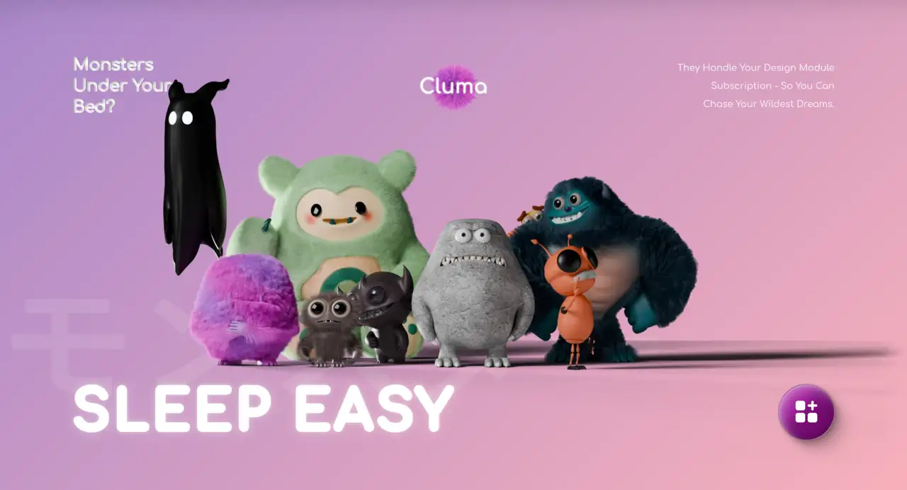 Секция «Первый экран» с сайта https://www.cluma.design/, тематика — Агентство , цвета — Серый, Розовый, стиль — Анимационный, типографика — Без засечек, Декоративные