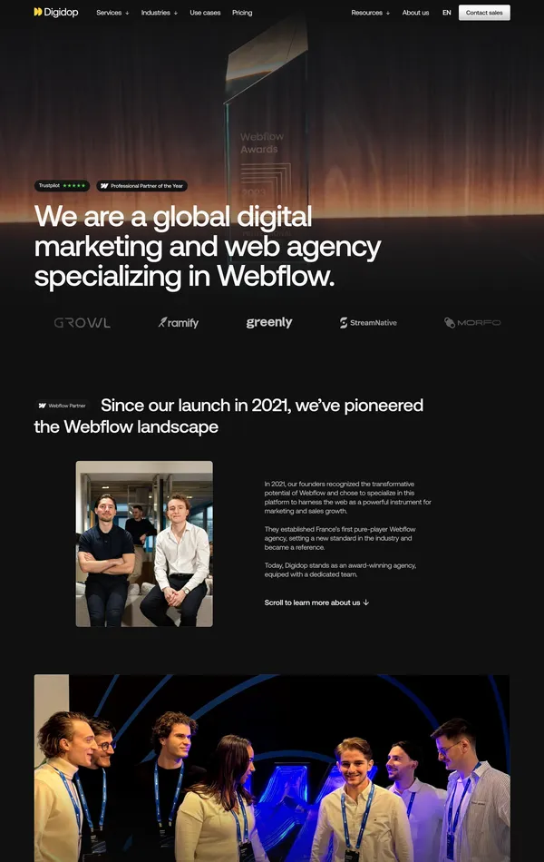 Страница о компании Digidop, тематика — Агентство , цвета — Черный, Серый, стиль — Корпоративный, типографика — Без засечек