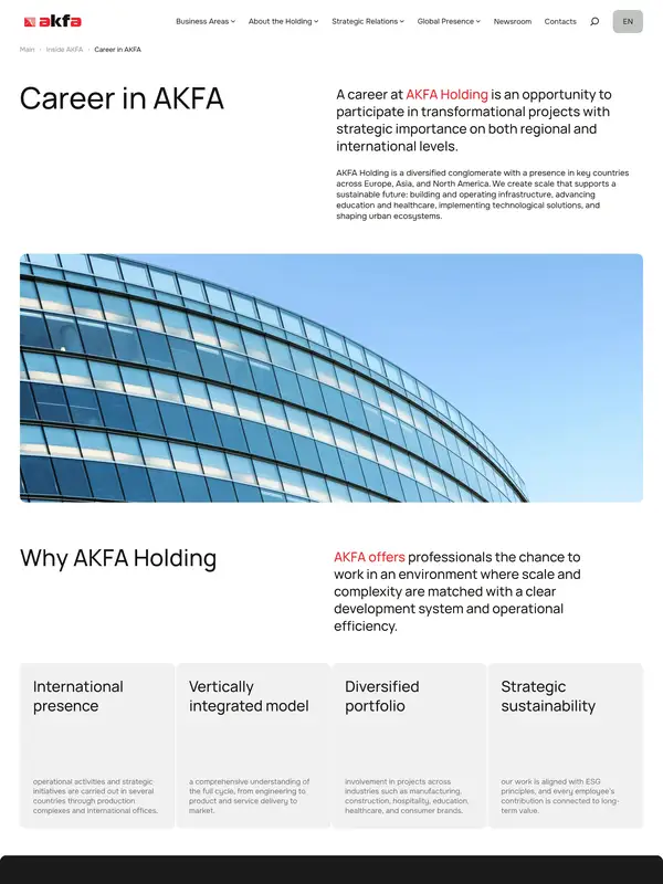 Страница карьеры AKFA Holding, тематика — Бизнес и профессиональные услуги, Другое, цвета — Белый, Черный, Серый, стиль — Корпоративный, Минимализм, типографика — Без засечек