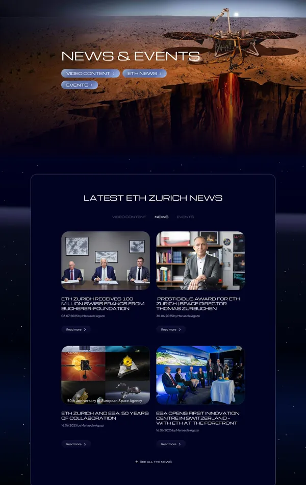 Секция «Новости» с сайта https://space.ethz.ch/, тематика — Образование, цвета — Черный, стиль — Корпоративный, Минимализм, типографика — Без засечек