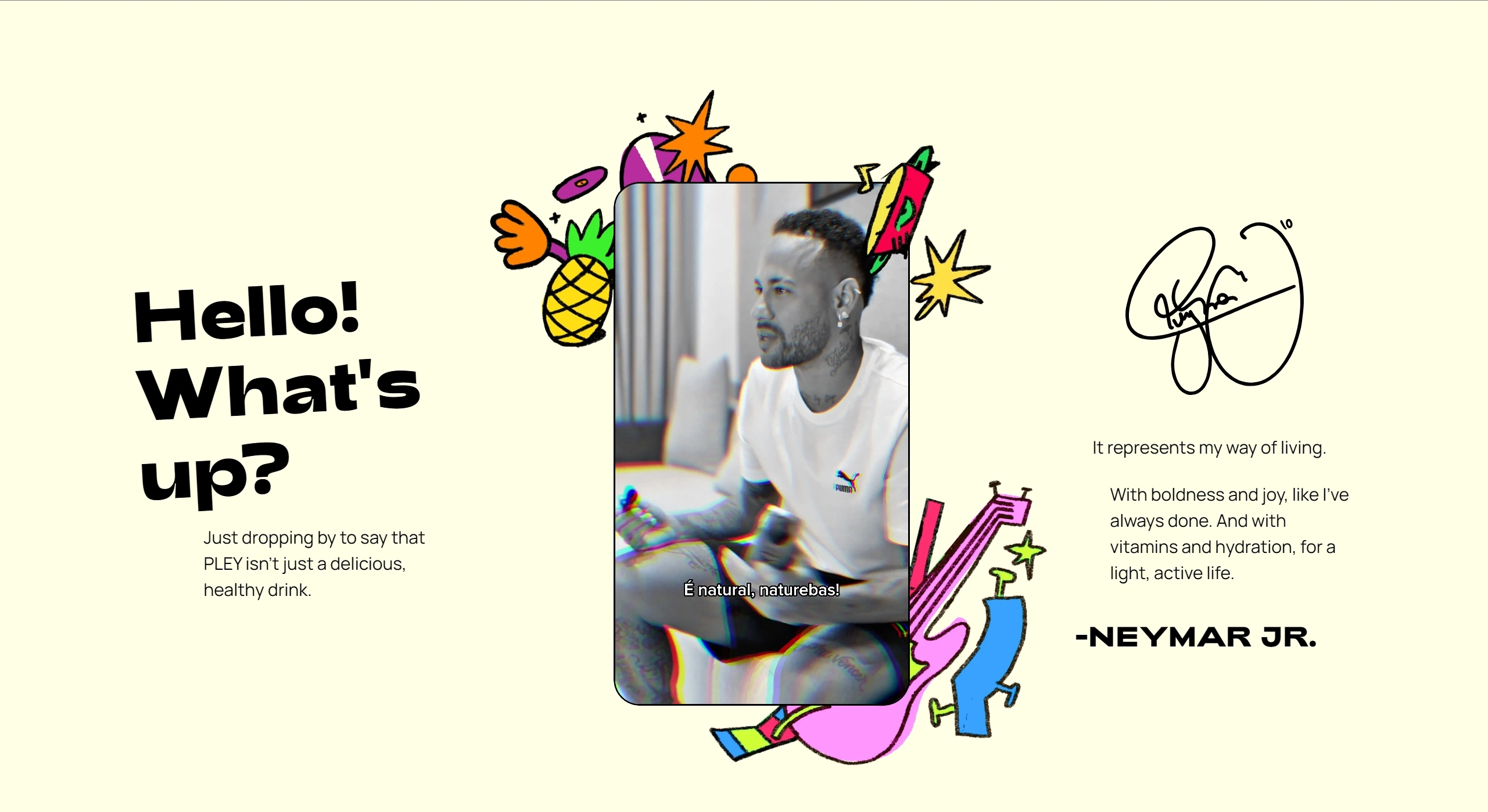 PLEY Секция «О продукте» с сайта https://pleybyney.com.br/en/, тематика — Еда и напитки, цвета — Белый, Серый, стиль — Рисованный, Фестивальный, типографика — Без засечек, Декоративные