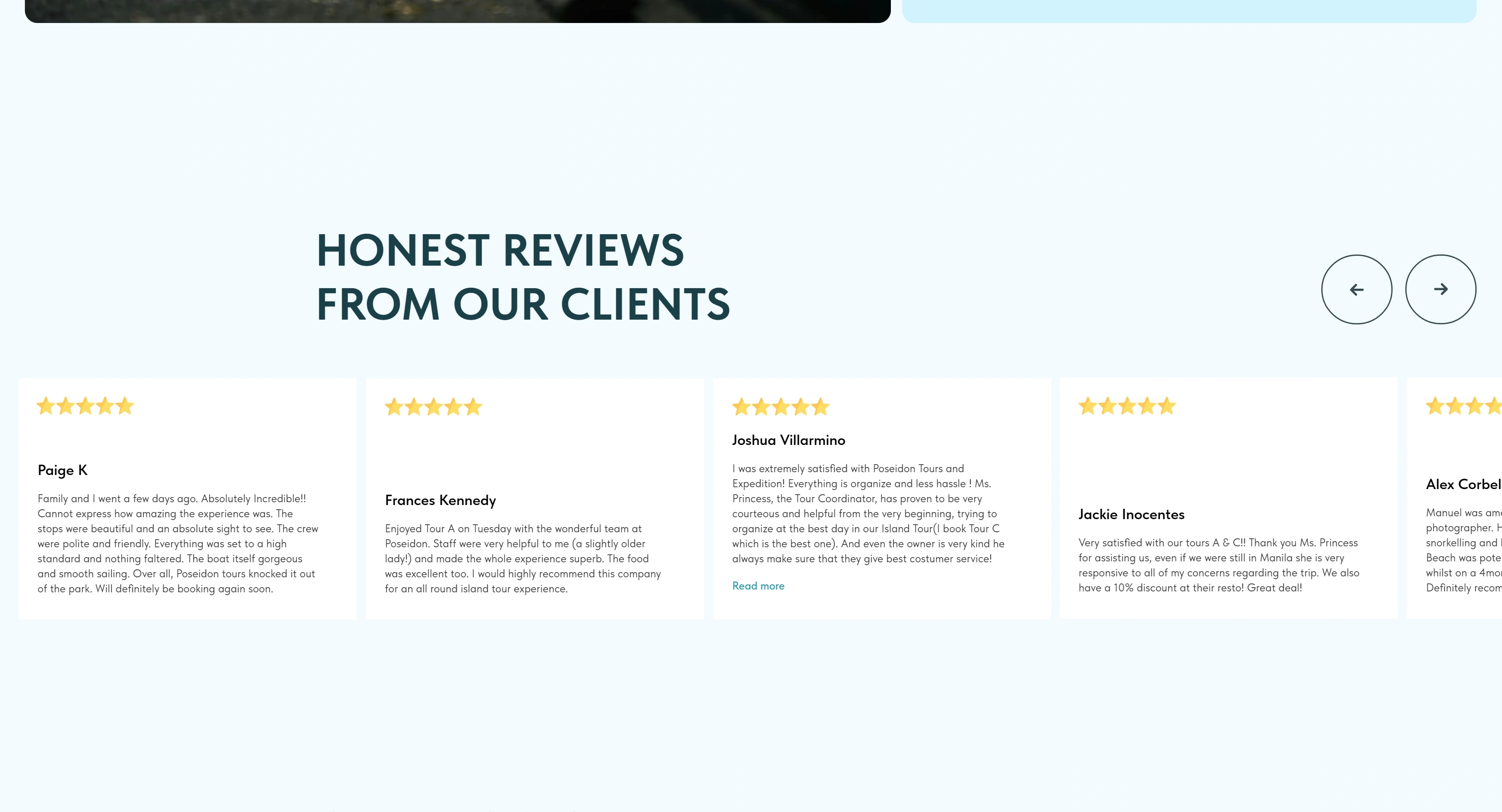 Poseidon El Nido Секция «Отзывы» с сайта https://poseidonelnido.com/, тематика — Путешествия и туризм, цвета — Белый, стиль — Карточный, Минимализм, типографика — Без засечек