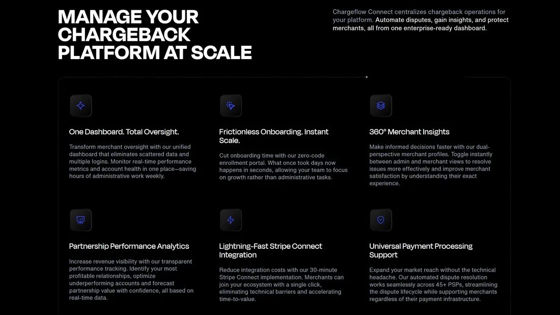 Секция «Преимущества» с сайта https://www.chargeflow.io/products/connect, тематика — IT и программное обеспечение, Финансы, цвета — Черный, стиль — Корпоративный, Минимализм, типографика — Без засечек