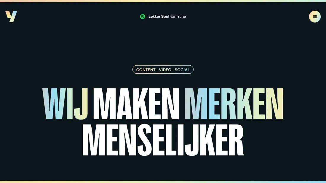 Секция «Первый экран» с сайта https://yune.nl/, тематика — Агентство , цвета — Черный, Серый, стиль — Минимализм, Типографика, типографика — Без засечек