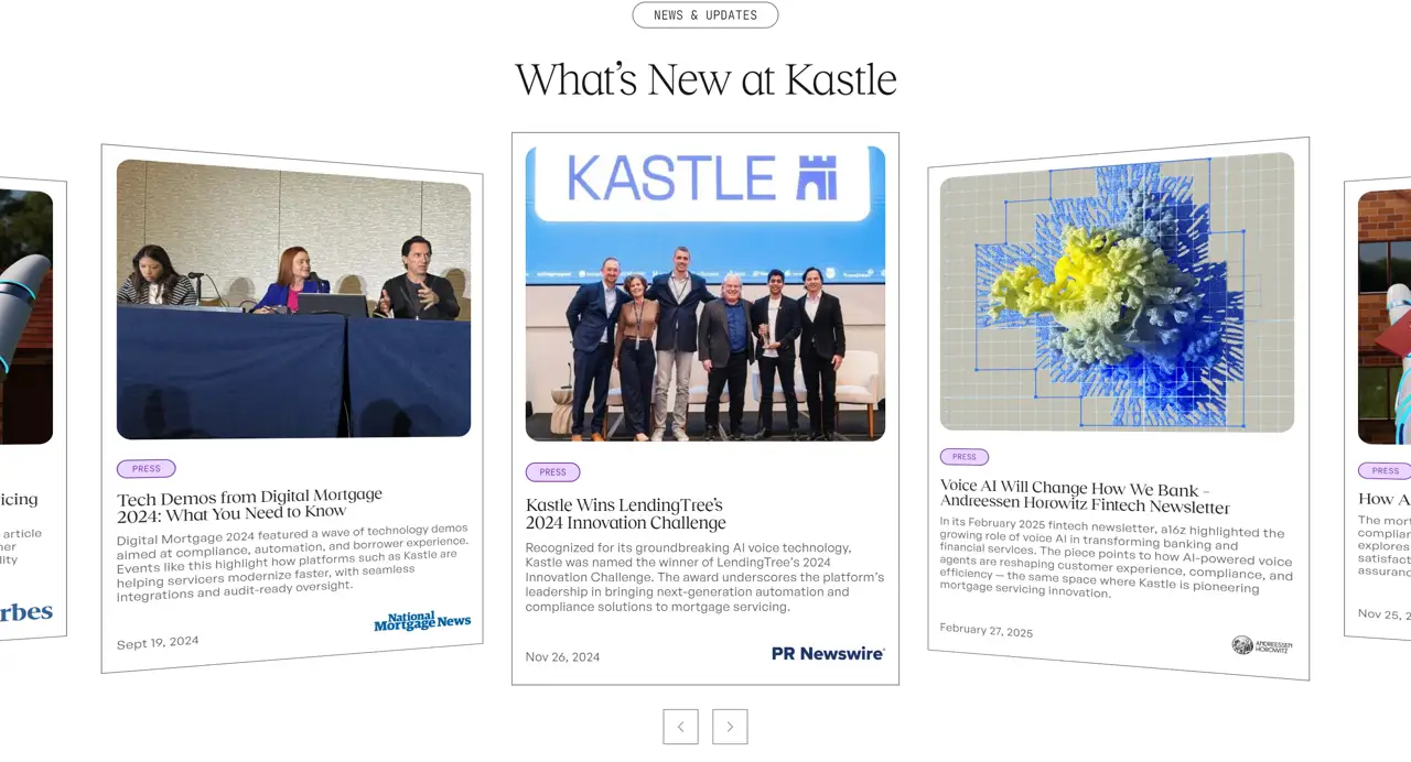 Секция «Новости» с сайта https://www.kastle.ai/, тематика — SaaS, цвета — Белый, Черный, Серый, стиль — Корпоративный, Карточный, типографика — Без засечек