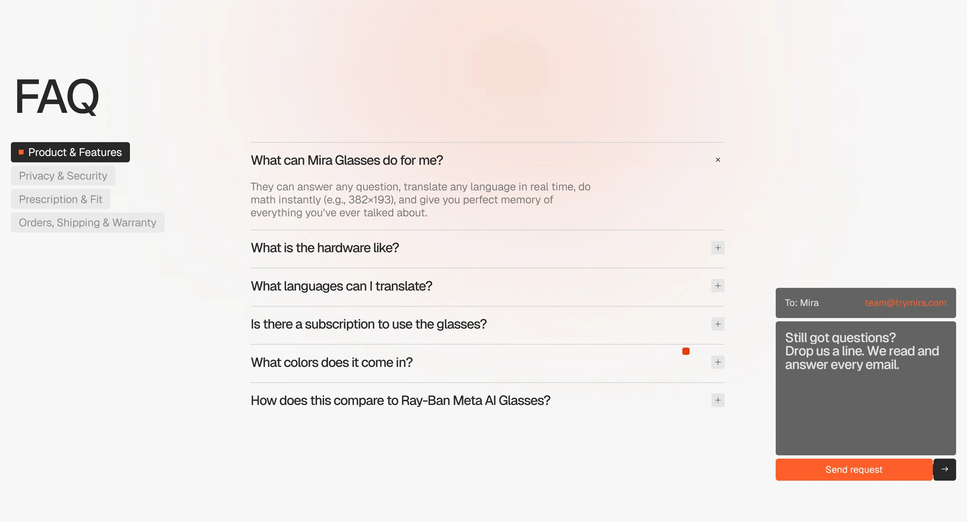 Mira Секция «FAQ» с сайта https://mira-dev.webflow.io/, тематика — Другое, цвета — Белый, Серый, стиль — Минимализм, типографика — Без засечек