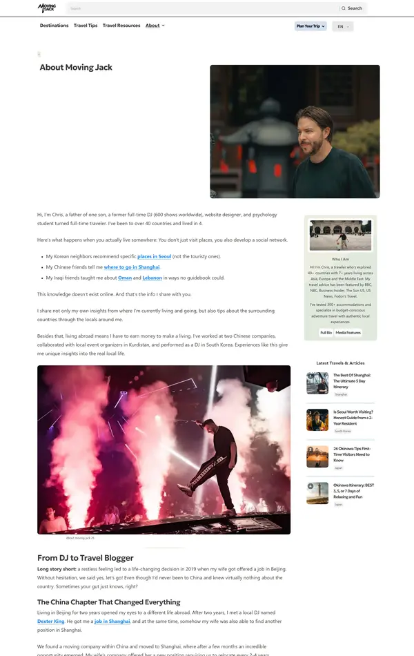 Страница о компании Moving Jack, тематика — Путешествия и туризм, цвета — Белый, стиль — Классический, типографика — Без засечек