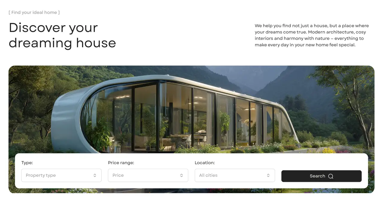 Секция «Первый экран» с сайта https://real-estate-gapsy.webflow.io/, тематика — Недвижимость, цвета — Белый, Черный, Серый, стиль — Минимализм, Органический и природный, типографика — Без засечек