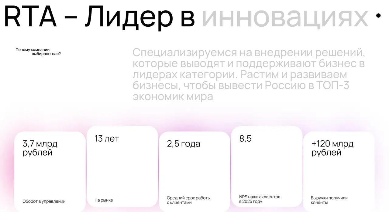 Секция «Преимущества» с сайта https://rta-moscow.com/, тематика — Маркетинг, цвета — Белый, стиль — Карточный, Минимализм, типографика — Без засечек