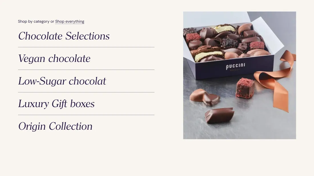 Секция «Товары» с сайта https://puccinibomboni.com/en, тематика — Еда и напитки, цвета — Белый, Серый, стиль — Классический, Минимализм, типографика — С засечками