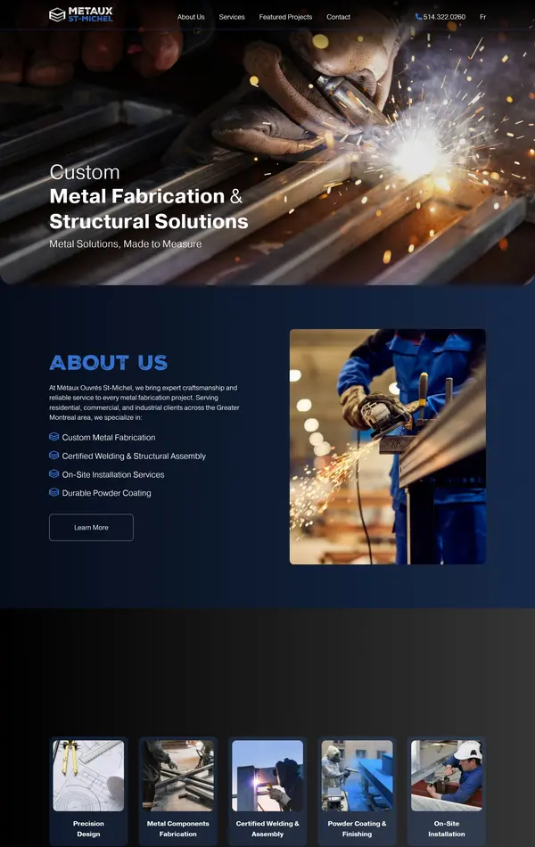 Главная Métaux Ouvrés St-Michel, тематика — Строительство, Производство, цвета — Черный, Серый, стиль — Корпоративный, типографика — Без засечек