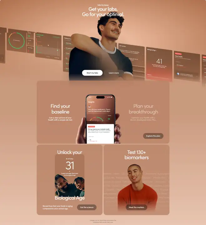 Секция «О продукте» с сайта https://www.hims.com/, тематика — Здоровье и фитнес, цвета — Серый, Розовый, стиль — Корпоративный, Карточный, типографика — Без засечек