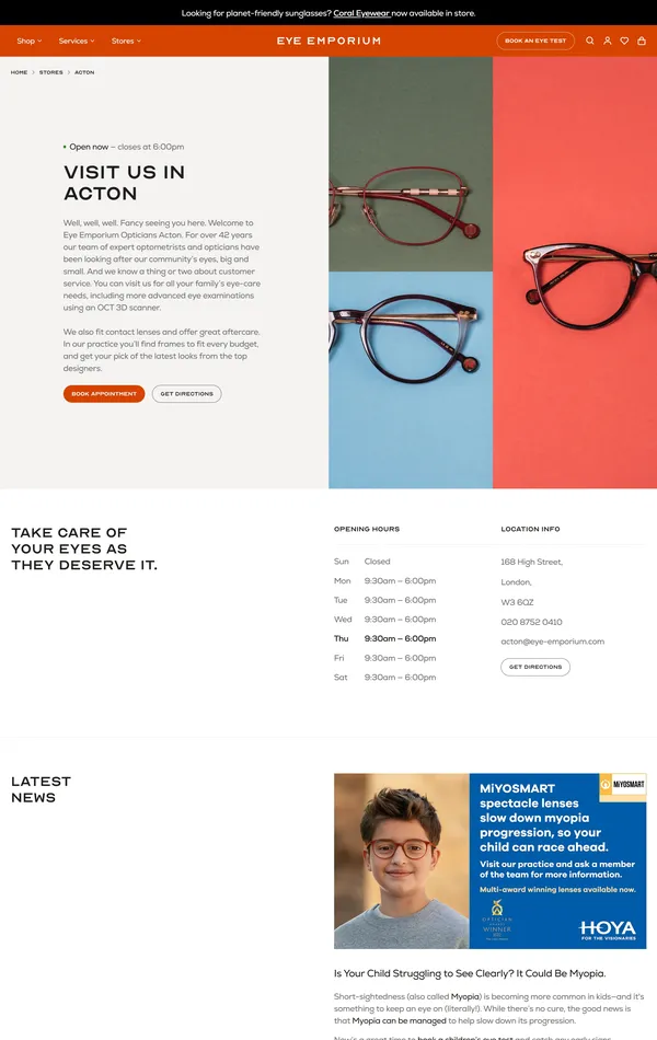 Страница о компании Eye Emporium, тематика — Интернет-магазин, Здоровье и фитнес, цвета — Белый, Серый, стиль — Корпоративный, Минимализм, типографика — Без засечек