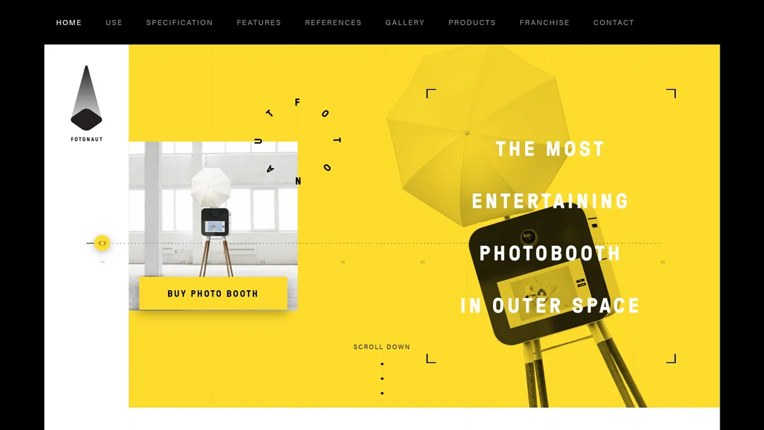 Секция «Первый экран» с сайта https://www.thefotonaut.com/en/, тематика — Развлечения, цвета — Белый, Черный, Желтый, Оранжевый, стиль — Фестивальный, Брутализм, типографика — Без засечек