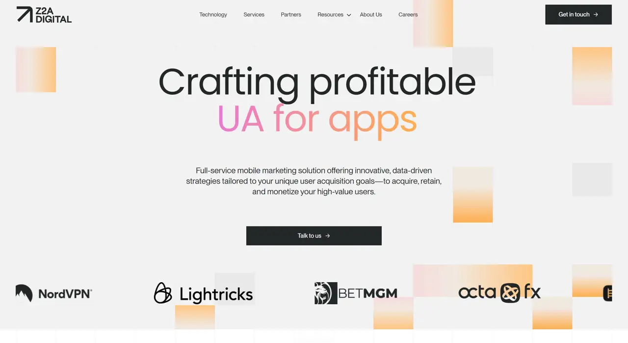 Секция «Первый экран» с сайта https://www.z2adigital.com/, тематика — Агентство , цвета — Белый, стиль — Корпоративный, Минимализм, типографика — Без засечек