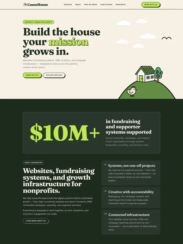 Главная CauseHouse, тематика — Некоммерческая деятельность, цвета — Белый, Черный, Серый, стиль — Корпоративный, Минимализм, Органический и природный, типографика — Без засечек