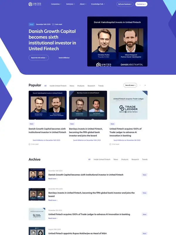 Новости United Fintech, тематика — Финансы, цвета — Белый, Черный, Фиолетовый, стиль — Корпоративный, Минимализм, типографика — Без засечек