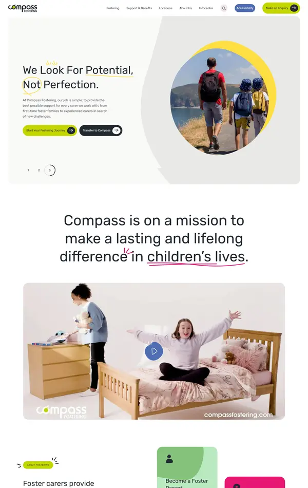 Главная Compass Fostering, тематика — Некоммерческая деятельность, цвета — Белый, Серый, стиль — Корпоративный, типографика — Без засечек