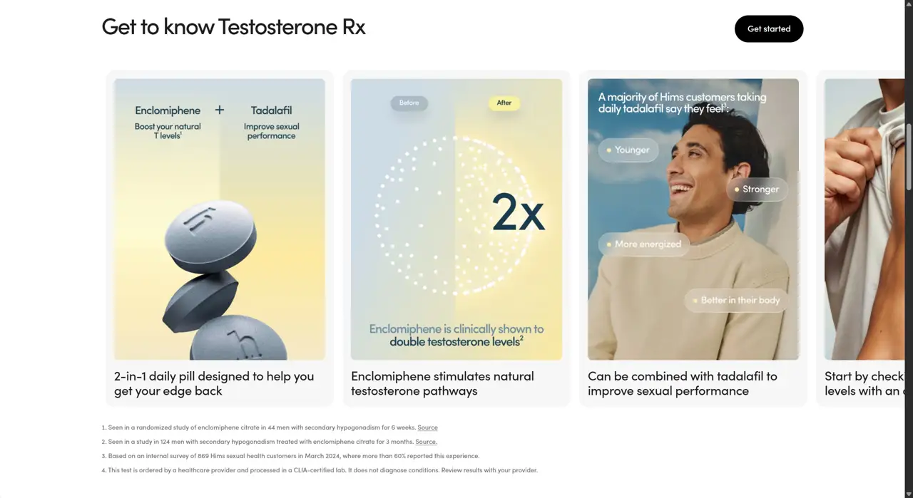 Секция «О продукте» с сайта https://www.hims.com/, тематика — Здоровье и фитнес, цвета — Белый, Серый, стиль — Минимализм, типографика — Без засечек