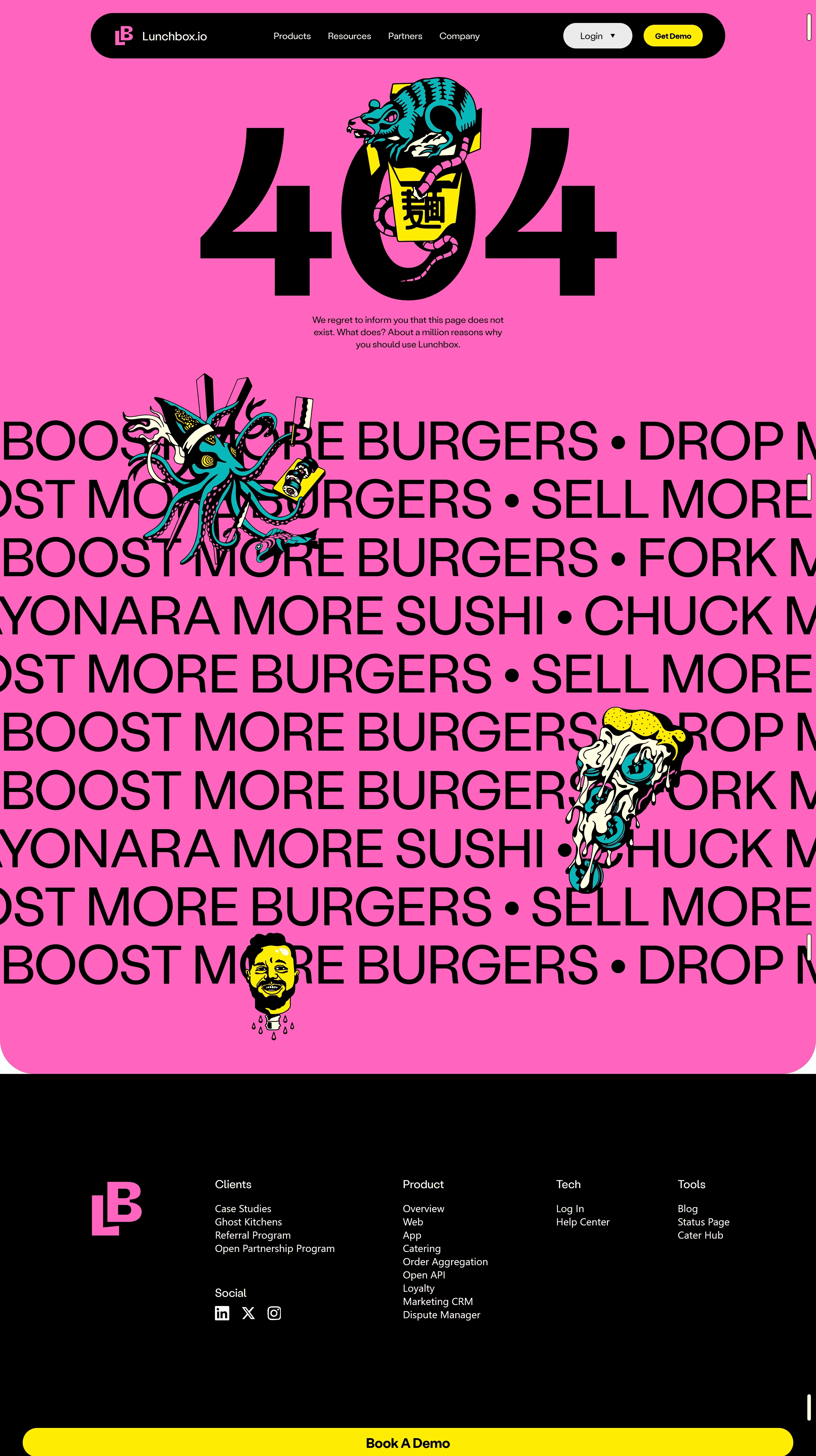Lunchbox 404-страница Lunchbox, тематика — SaaS, цвета — Черный, Серый, Розовый, стиль — Брутализм, типографика — Декоративные