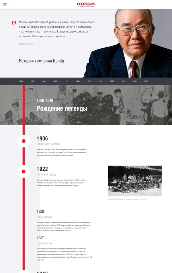Страница о компании Honda, тематика — Продукт, цвета — Белый, Серый, стиль — Корпоративный, типографика — Без засечек