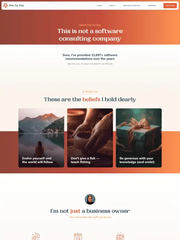 Страница о компании Day by Day, тематика — SaaS, цвета — Белый, стиль — Корпоративный, Минимализм, типографика — Без засечек