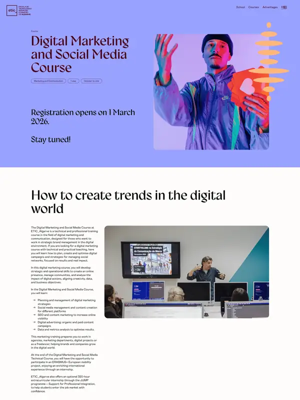 Лендинг ETIC_Algarve, тематика — Образование, цвета — Белый, Серый, Фиолетовый, стиль — Корпоративный, Минимализм, типографика — Без засечек, Декоративные