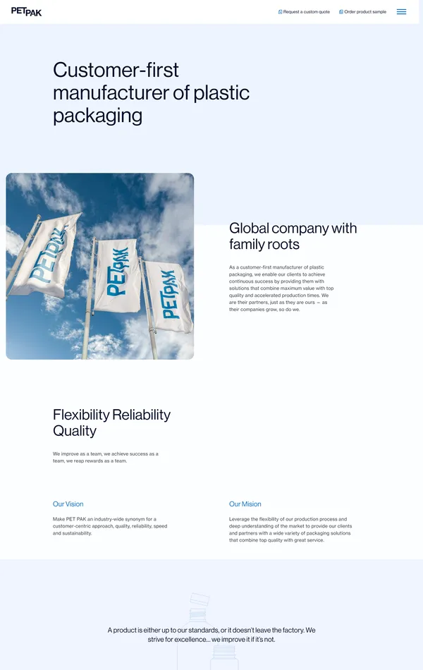 Страница о компании PET PAK, тематика — Производство, цвета — Белый, Серый, стиль — Корпоративный, типографика — Без засечек