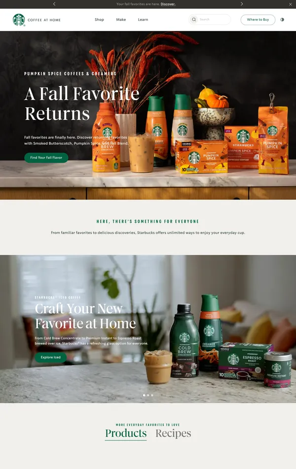 Главная Starbucks, тематика — Еда и напитки, цвета — Белый, Черный, Серый, стиль — Корпоративный, типографика — Без засечек